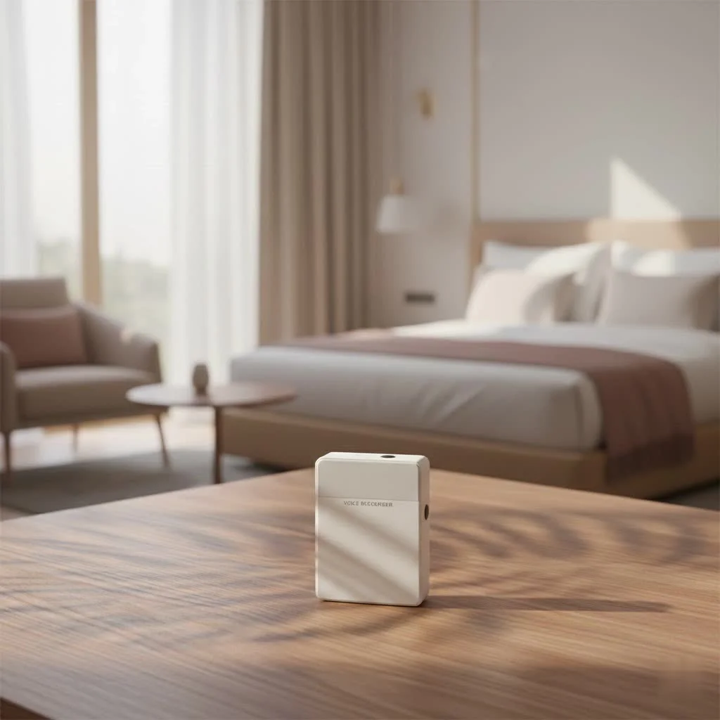 A sleek, modern voice activated recorder on a wooden desk