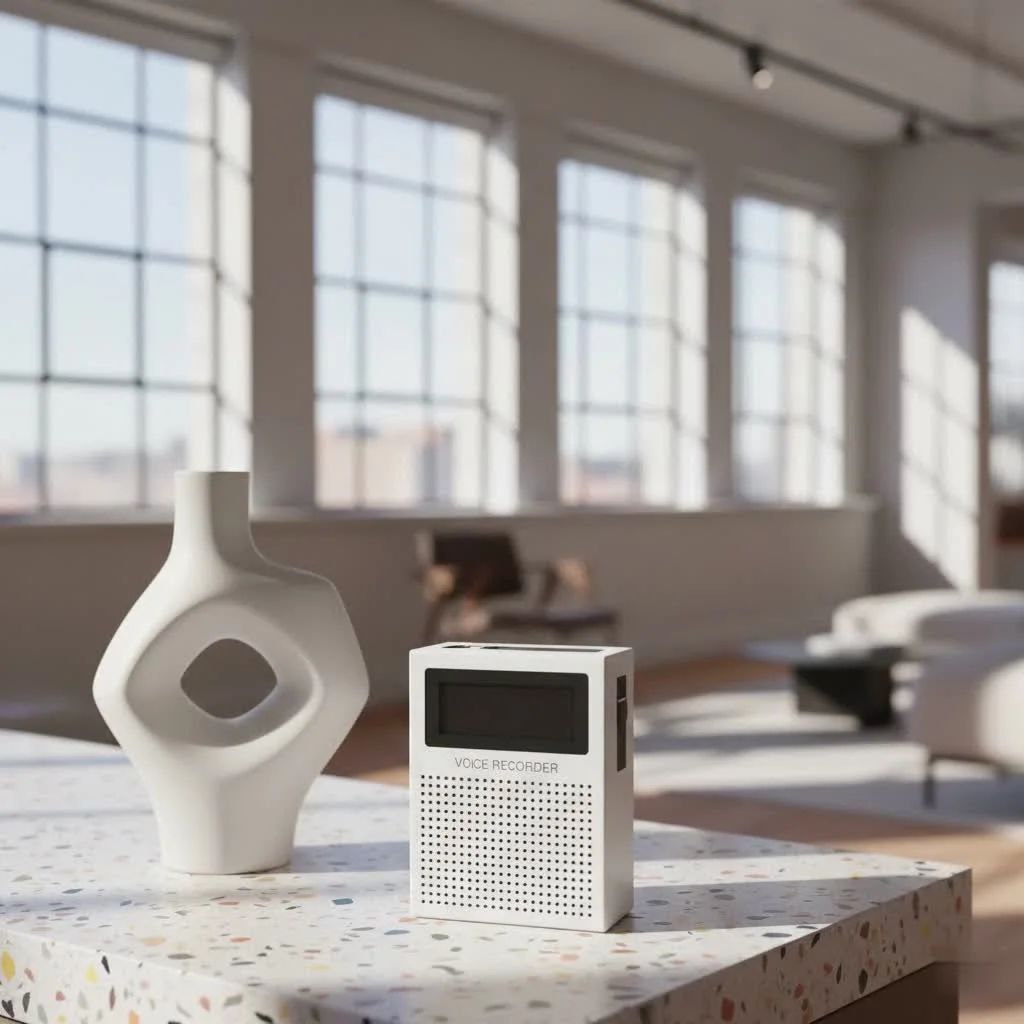 Close-up of a sleek, modern wearable voice recorder