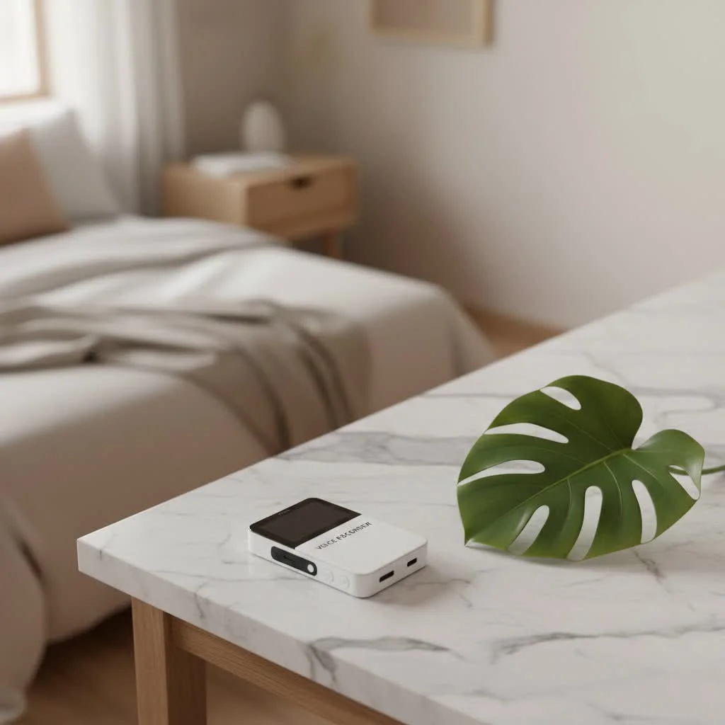 Person using a compact digital voice recorder